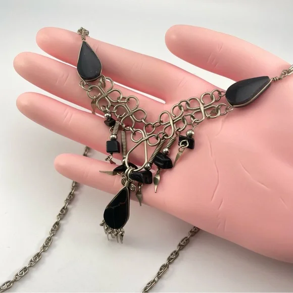 Vintage Alpaca Silver Wire And Black Onyx Statement Bib Necklace